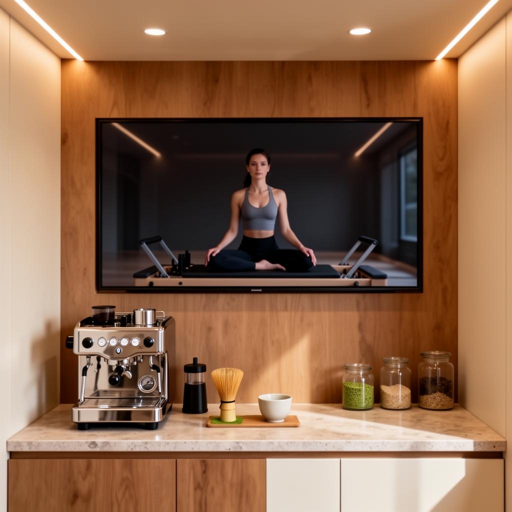 in-pod screen and matcha & coffee bar